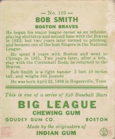 1933 Goudey (R319) #185 Bob Smith Back
