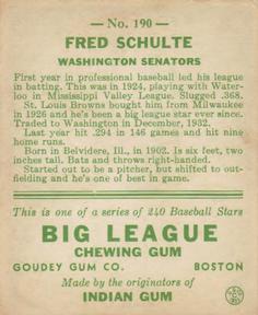 1933 Goudey (R319) #190 Fred Schulte Back