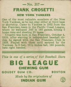 1933 Goudey (R319) #217 Frank Crosetti Back