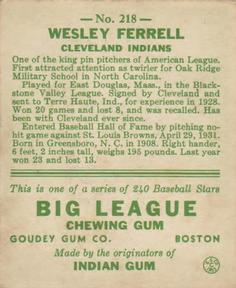 1933 Goudey (R319) #218 Wes Ferrell Back