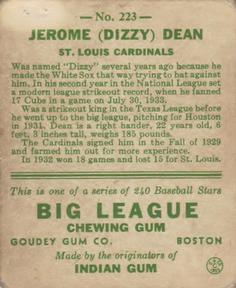 1933 Goudey (R319) #223 Dizzy Dean Back
