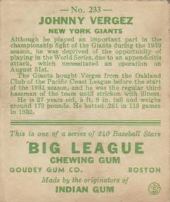 1933 Goudey (R319) #233 Johnny Vergez Back