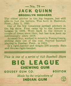 1933 Goudey (R319) #78 Jack Quinn Back