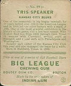 1933 Goudey (R319) #89 Tris Speaker Back