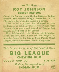 1933 Goudey (R319) #8 Roy Johnson Back
