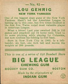 1933 Goudey (R319) #92 Lou Gehrig Back
