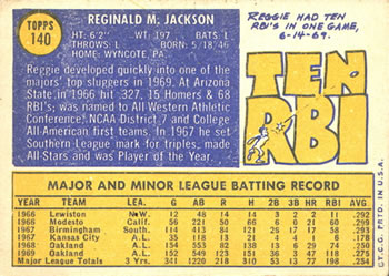 1970 Topps #140 Reggie Jackson Back