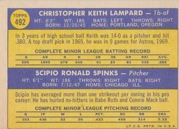 1970 Topps #492 Astros 1970 Rookie Stars (Keith Lampard / Scipio Spinks) Back