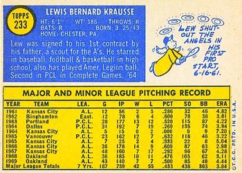 1970 Topps #233 Lew Krausse Back