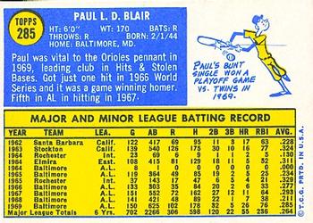 1970 Topps #285 Paul Blair Back