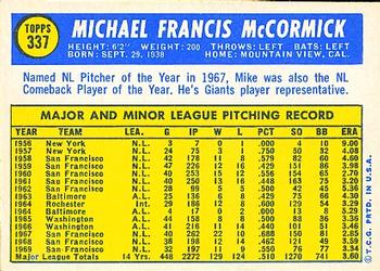 1970 Topps #337 Mike McCormick Back