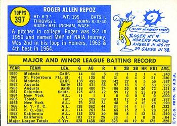 1970 Topps #397 Roger Repoz Back
