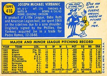 1970 Topps #416 Joe Verbanic Back