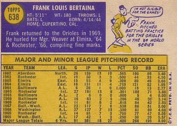 1970 Topps #638 Frank Bertaina Back