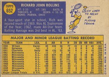 1970 Topps #652 Rich Rollins Back