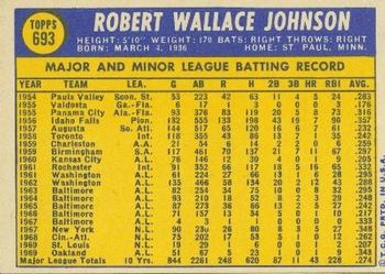 1970 Topps #693 Bob Johnson Back