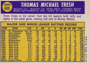 1970 Topps #698 Tom Tresh Back