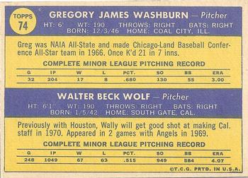 1970 Topps #74 Angels 1970 Rookie Stars (Greg Washburn / Wally Wolf) Back