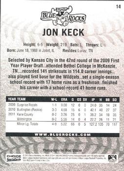 2012 Choice Wilmington Blue Rocks #14 Jon Keck Back