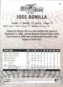 2012 Choice Wilmington Blue Rocks #5 Jose Bonilla Back