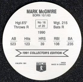 1991 Holsum Discs #16 Mark McGwire Back