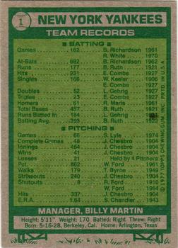 1977 Topps Burger King New York Yankees #1 Yankees Team - Billy Martin Back