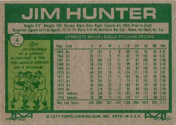 1977 Topps Burger King New York Yankees #4 Jim Hunter Back