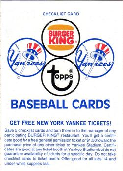 1977 Topps Burger King New York Yankees #NNO New York Yankees Checklist Front
