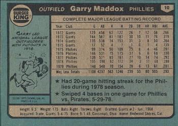 1980 Topps Burger King Philadelphia Phillies #10 Garry Maddox Back