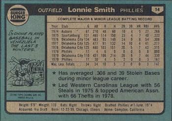 1980 Topps Burger King Philadelphia Phillies #14 Lonnie Smith Back