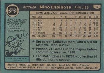 1980 Topps Burger King Philadelphia Phillies #17 Nino Espinosa Back