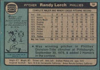 1980 Topps Burger King Philadelphia Phillies #18 Randy Lerch Back