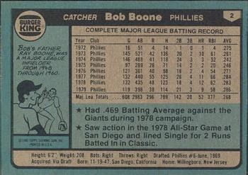 1980 Topps Burger King Philadelphia Phillies #2 Bob Boone Back