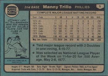 1980 Topps Burger King Philadelphia Phillies #5 Manny Trillo Back