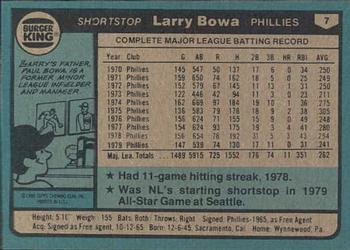 1980 Topps Burger King Philadelphia Phillies #7 Larry Bowa Back