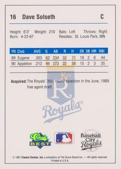 1991 Classic Best Baseball City Royals #16 Dave Solseth Back
