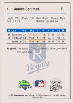 1991 Classic Best Baseball City Royals #1 Andres Berumen Back