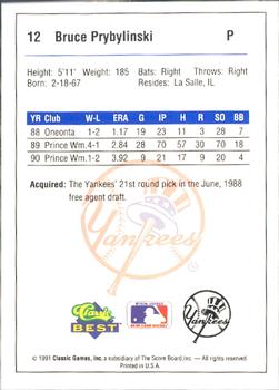 1991 Classic Best Ft. Lauderdale Yankees #12 Bruce Prybylinski Back