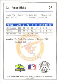 1991 Classic Best Kane County Cougars #23 Aman Hicks Back