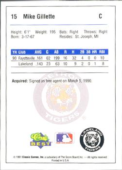 1991 Classic Best Lakeland Tigers #15 Mike Gillette Back