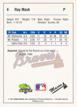 1991 Classic Best Macon Braves #4 Ray Mack Back