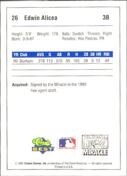1991 Classic Best Miami Miracle #26 Edwin Alicea Back