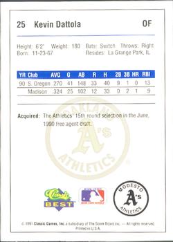 1991 Classic Best Modesto A's #25 Kevin Dattola Back