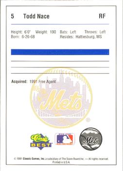 1991 Classic Best Pittsfield Mets #5 Todd Nace Back