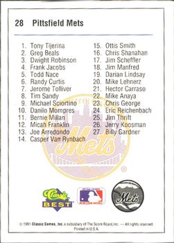 1991 Classic Best Pittsfield Mets #28 Checklist Back