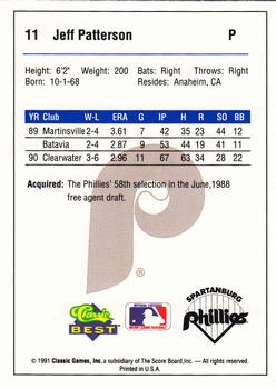 1991 Classic Best Spartanburg Phillies #11 Jeff Patterson Back