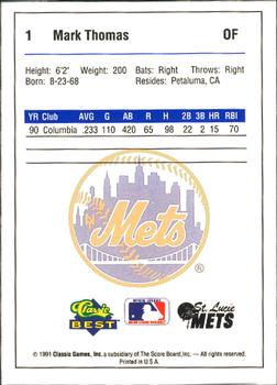 1991 Classic Best St. Lucie Mets #1 Mark Thomas Back