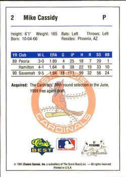 1991 Classic Best St. Petersburg Cardinals #2 Mike Cassidy Back