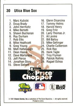 1991 Classic Best Utica Blue Sox #30 Checklist Back