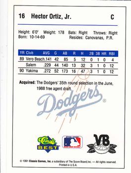 1991 Classic Best Vero Beach Dodgers #16 Hector Ortiz, Jr. Back